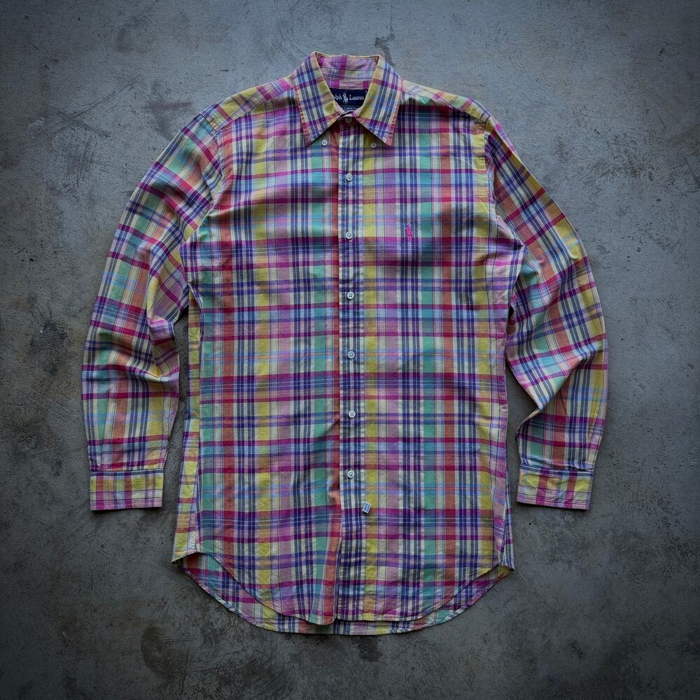 Vintage 80s Ralph Lauren Madras Handwoven Plaid Polo Shirt Size S